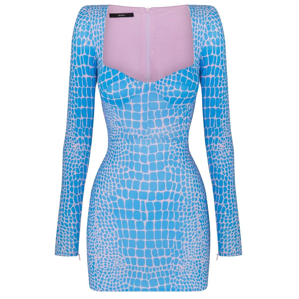 Alex Perry Blue and Light Pink Patterned Long-Sleeve Mini Dress